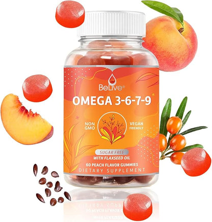 BeLive Organic Omega 3 Gummies - Omega 3 6 9 7 DHA & EPA from Flaxseed Oil & Sea Buckthorn Fruit Oil, Vegan, for Kids & Adults, Full Body, Brain & Eye Support, Sugar Free – Peach | 2-Pack