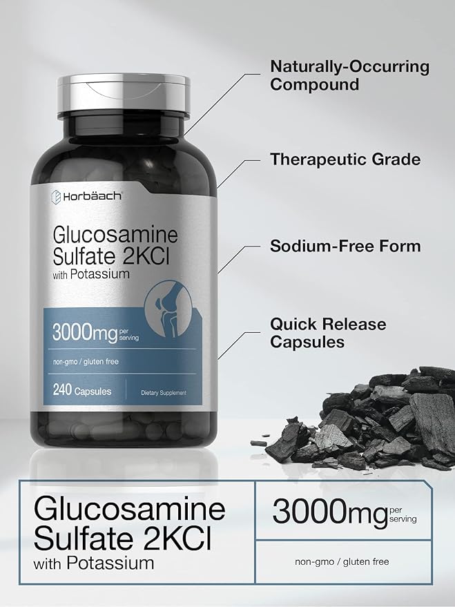 Horbäach Glucosamine Sulfate 2KCI with Potassium | 3000mg | 240 Capsules | Non-GMO and Gluten Free Supplement