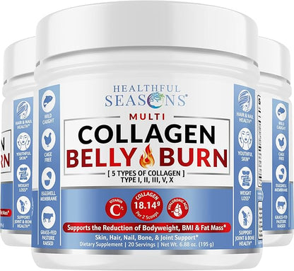 Multi Collagen Belly Burn: Hydrolyzed Peptides Powder with Hyaluronic Acid and Vitamin C + L-Carnitine and Glucomannan - Unflavored