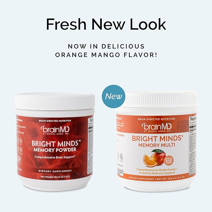 Dr Amen BrainMD Bright Minds Memory Multi, Orange Mango Flavor - 5.4 oz Powder - Multivitamin & Memory Support - Gluten Free, Sugar Free - 30 Servings
