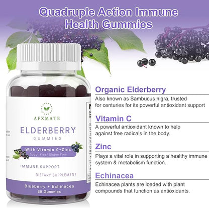 AFXMATE Sambucus Elderberry Gummies, Black Elderberry Gummy with Zinc and Vitamin C for Adults, Sugar Free Kids Multivitamin Gummies Immune Support* Supplement (2 Pack)