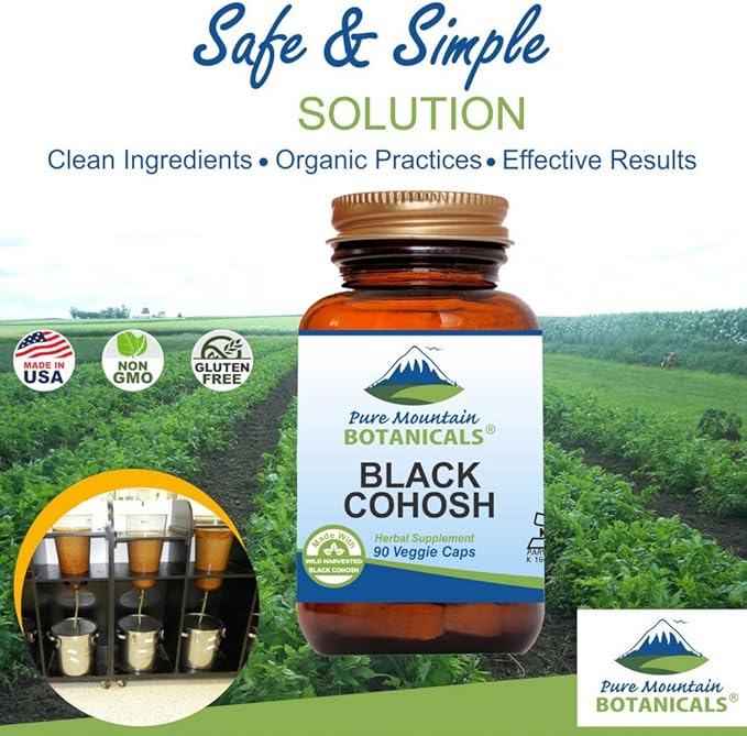 Pure Mountain Botanicals Black Cohosh Capsules - 90 Kosher Vegan Caps - Now with 500mg Wild Black Cohosh Root - Natures Support for Menopause