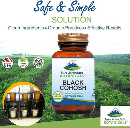 Pure Mountain Botanicals Black Cohosh Capsules - 90 Kosher Vegan Caps - Now with 500mg Wild Black Cohosh Root - Natures Support for Menopause