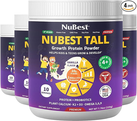NuBest Tall Protein Powder for Kids & Teens - Vegan Vanilla Protein Powder Shake with Organic Red Algae Calcium, Probiotics, Omega 3-6-9, Vitamin D3 + K2 & Magnesium from Marine Algae - Pack 4