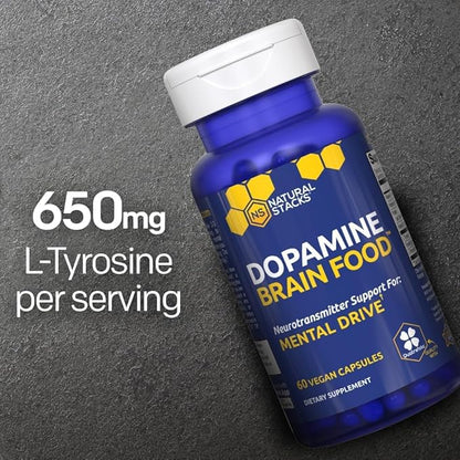NATURAL STACKS Dopamine Brain Food - 650mg L-Tyrosine Supplement - Dopamine Supplement for Focus & Mental Drive - Supports Mental Energy - Neurotransmitter Support with B Vitamins - 120 Capsules