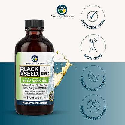 Amazing Herbs Cold-Pressed Black Seed and Flax Seed Oil Blend - Gluten-Free, Non-GMO, High in Omega 3, 6, & 9, Supports Joint, Brain, and Heart Function - 8 Fl Oz