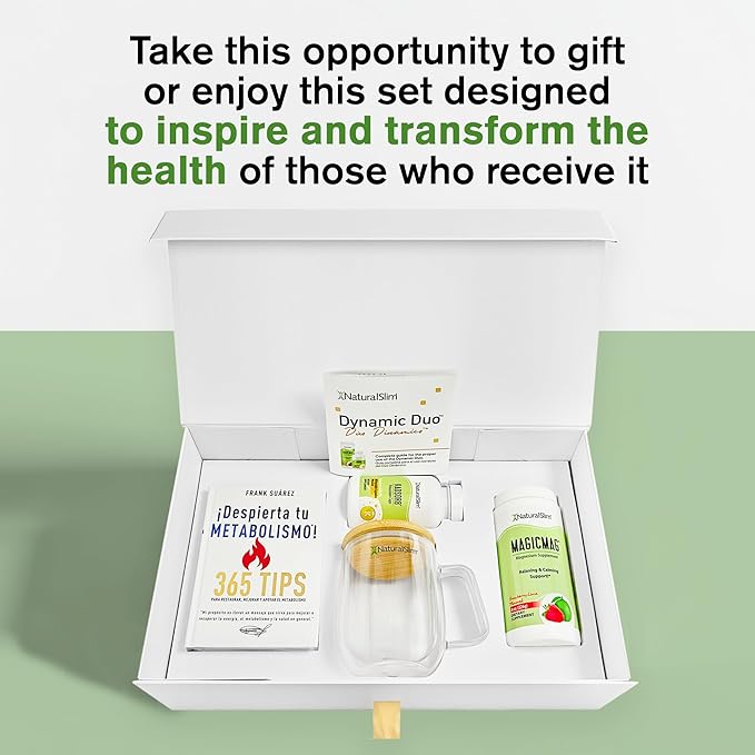 NaturalSlim Dynamic Duo Gift Set - Bundle of MagicMag Magnesium Powder, Kadsorb Potassium Caps, Despierta tu Metabolismo! Book, Double Glass Mug, & Premium Gift Box with Information Leaflet