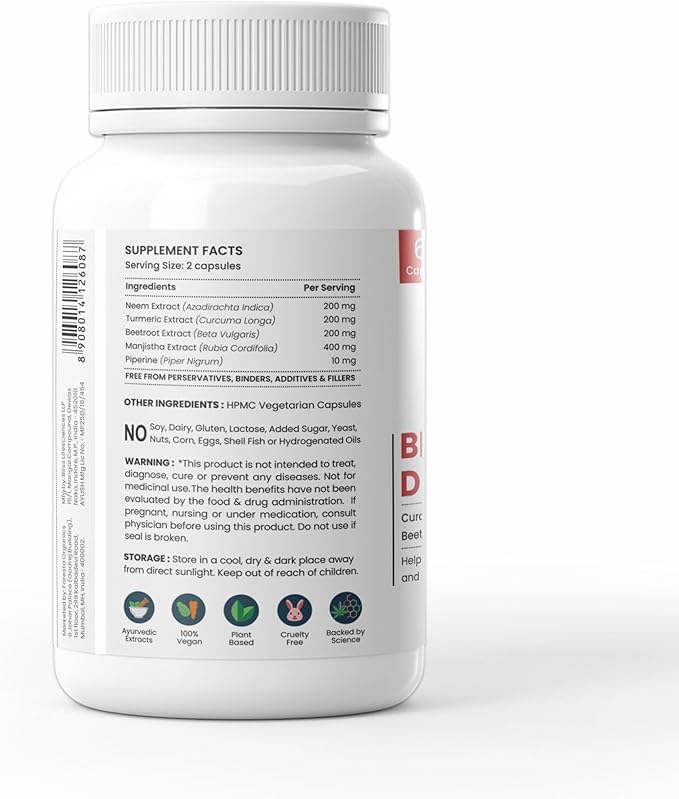 Blood' Detox Ayurvedic Natural Extracts of Neem, Curcumin, Betroot & Manjistha- 60 Count (Pack of 1)