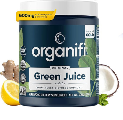 Organifi Green Juice - Powder Supplement with Organic Spirulina, Ashwagandha, and Chlorella - Helps Achieve Fitness Goals and Reduce Cortisol Levels, 30-Day Supply