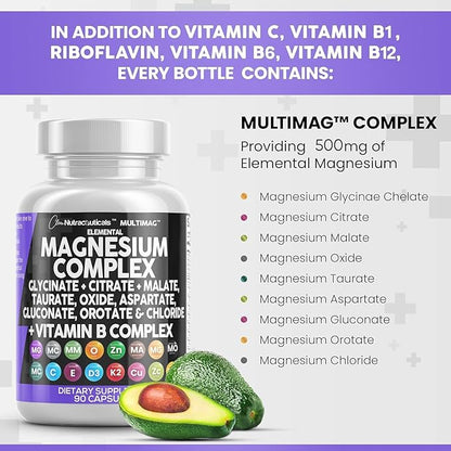 Clean Nutraceuticals Magnesium Complex 2285mg with Magnesium Glycinate Citrate Malate Oxide Taurate Aspartate Orotate & Mag Chloride, Zinc Copper Manganese & Vitamin C B1 B2 B6 B12 Complex - 2Pack