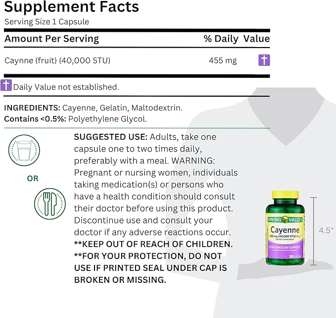 Spring Valley Cayenne Capsules 455 mg (Cayenne Fruit - 40,000 STU), Dietary Supplement, Herbal Support, 100 Count (Pack of 1)