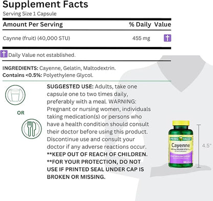 Spring Valley Cayenne Capsules 455 mg (Cayenne Fruit - 40,000 STU), Dietary Supplement, Herbal Support, 100 Count (Pack of 1)