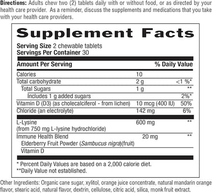 Country Life Chewable L-Lysine Supplement with Vitamin D and Elderberry, Immune Support and Collagen Renewal for Skin Tissue, Ideal for Adults