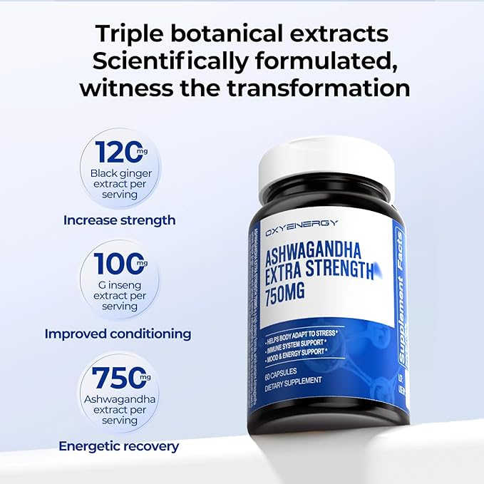 OxyEnergy Ashwagandha Extra Strength-750mg-Stress Relief- Immune & Energy Support - Gluten, Dairy & Soy Free - 60 Capsules