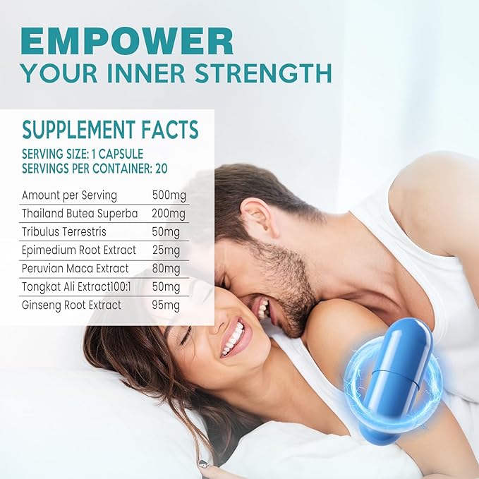 Nutrition Supplements with Tongkat Ali Extract, Peruvian Maca, Horny Goat Weed (Epimedium Root Extract), Ginseng Extract, Tribulus Terrestris, Thailand Butea Superba - 20 Counts