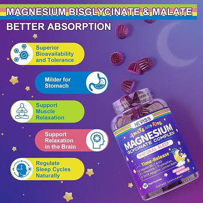 Magnesium Glycinate Gummies for Adults & Kids 4+, Sugar Free Magnesium Bisglycinate Supplement 400/200mg with B6D3, 5HTP, L-Theanine for Sleep & Relaxation, Brain, Muscle, Melatonin Free Gummies,1Pack