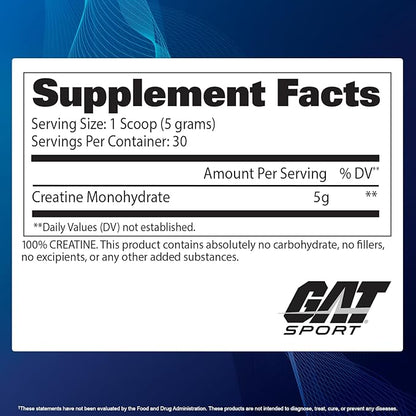 GAT SPORT Creatine Monohydrate Powder, 150 Grams, Strength, Brain Health, GLP1 Support Anti-oxidant, Endurance, for Men & Women, 1 Month Supply, Unflavored (30 Servings)
