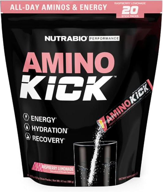 NutraBio – Amino Kick – All in One Performance Formula Energy, Hydration, Recovery 20 Servings, (Raspberry Lemonade) – 6g Amino Acids – Support Muscle Building