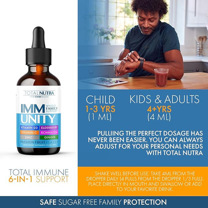 Total Immune 6-in-1 Liquid Multivitamin Supplement | 100% Daily Zinc, Vitamin D3, Vitamin C Immunity Drops Vitamin Liquid | Elderberry, Echinacea, Ginger Support for Adults & Kids | 4 oz Passion Fruit