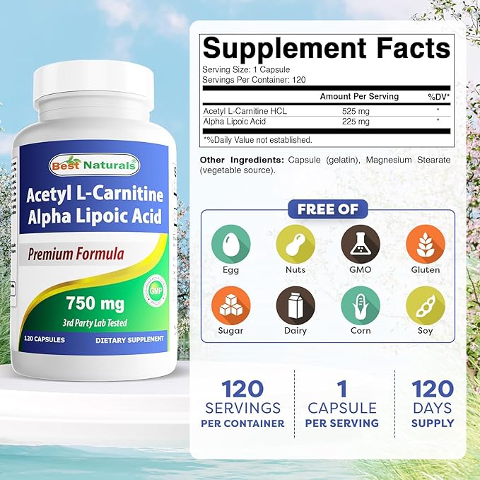 Best Naturals Acetyl L-Carnitine and Alpha Lipoic Acid 750 mg 120 Capsules