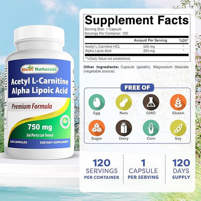 Best Naturals Acetyl L-Carnitine and Alpha Lipoic Acid 750 mg 120 Capsules