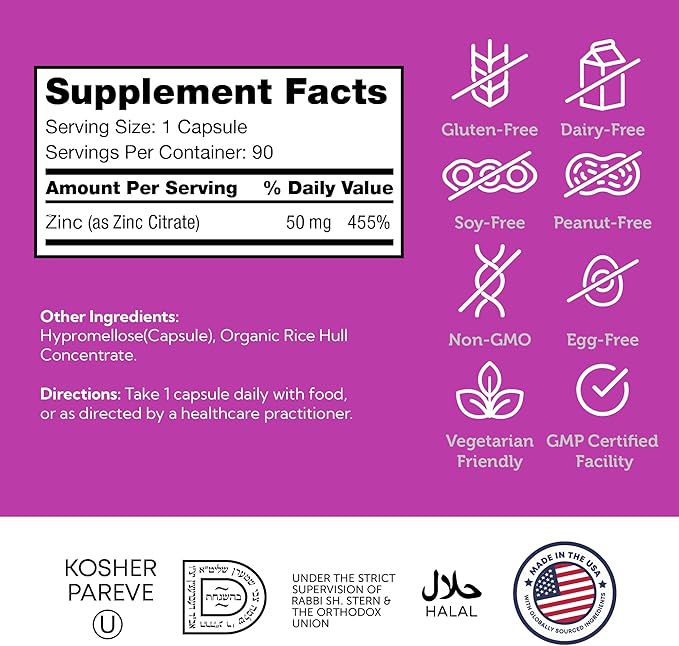 Zahler Zinc 50mg, Supports Immune and Antioxidant Protection, Certified Kosher, 90 Capsules