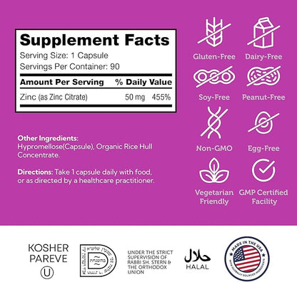 Zahler Zinc 50mg, Supports Immune and Antioxidant Protection, Certified Kosher, 90 Capsules
