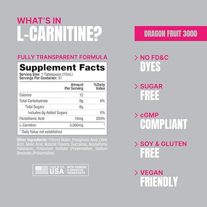 PROSUPPS L-Carnitine Liquid 3000, Stimulant-Free Liquid Shots for Men & Women - Clean Workout Drink for Energy, Performance & Muscle Recovery - No Sugar, No Carbs - 31 Servings, Dragon Fruit