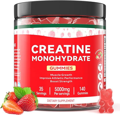 Creatine Monohydrate Gummies for Men & Women, 140 Gummies, Strength and Endurance Enhancing Creatine Gummies, Gluten Free, Sugar Free, Strawberry Flavor