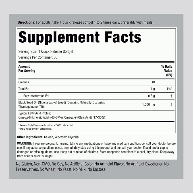Piping Rock Black Seed Oil Softgel Capsules | 1000mg | 60 Pills | Cold Pressed Solvent Free | Non GMO, Gluten Free Supplement