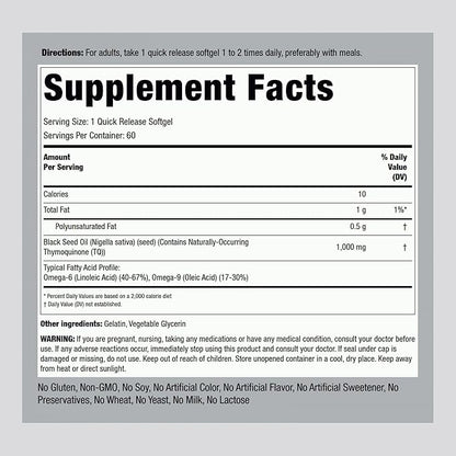 Piping Rock Black Seed Oil Softgel Capsules | 1000mg | 60 Pills | Cold Pressed Solvent Free | Non GMO, Gluten Free Supplement