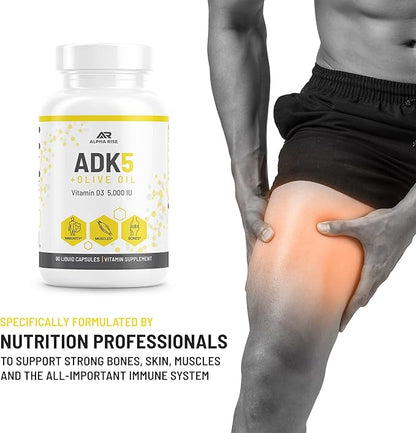 ADK Vitamin Supplement + Olive Oil for Better Absorption | ADK 5 Supplement with Vitamin A D and K | 5000 iu of Vitamin D3 + K2 (MK7+MK4) | 90 Liquid Capsules | Vegetarian | Non-GMO