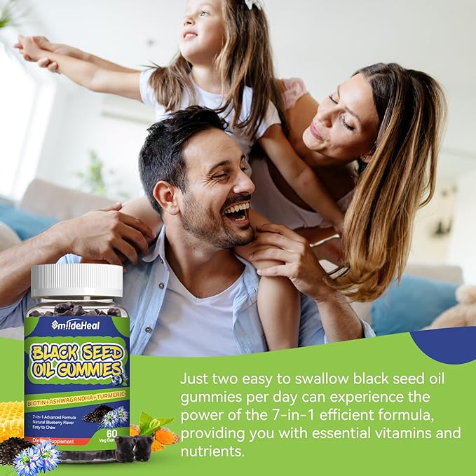 Black Seed Oil Gummies, Organic Black Cumin Seed Oil Gummies, Black Cumin Seed Oil Organic 500mg, Chewable Black Seed and Honey Gummies, Vegan, 60 Gummies