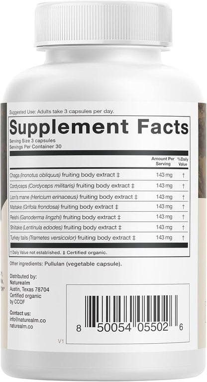 Naturealm Sacred 7 Organic Mushroom Extract Capsules - Premium 7 Mushroom Complex with Lions Mane, Reishi, Chaga - USDA Organic Immune Support & Focus - 90 Vegetarian Capsules