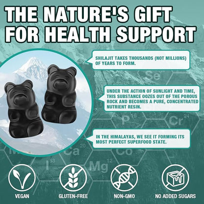 2 Packs 1000 MG Shilajit Supplement Gummies with 85+ Trace Minerals, Fulvic Acid, Pure Organic Shilajit Himalayan Gummy for Men & Women, Energy, Brain, Immunity Suport - 120 Counts