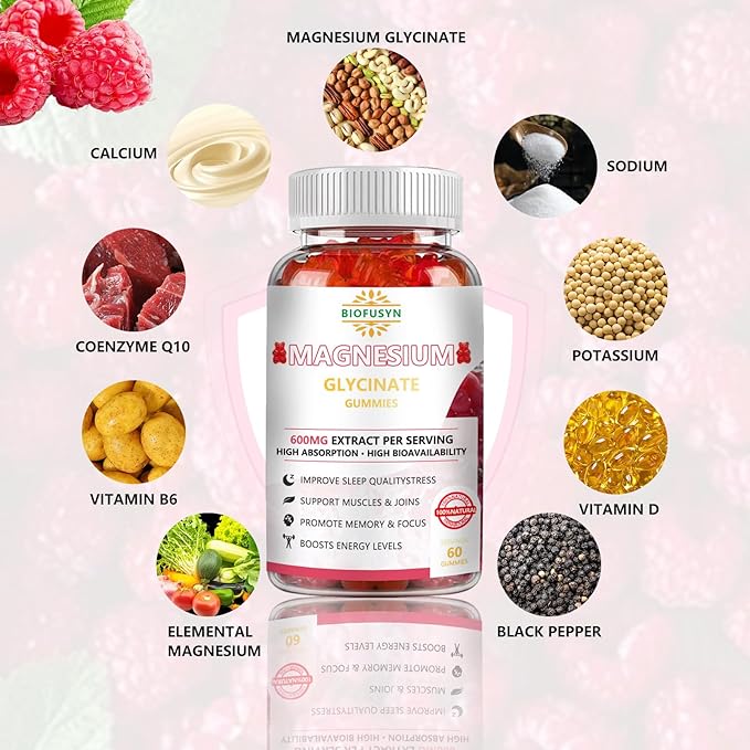 Magnesium Glycinate Gummies 600mg : Sugar-free Gummy Bears With Magnesium, Vitamin D, B6, and CoQ10 for Calm Support & Sleep for Adults & Kids,L-Threonate Multivitamin,Raspberry Flavor 60Count