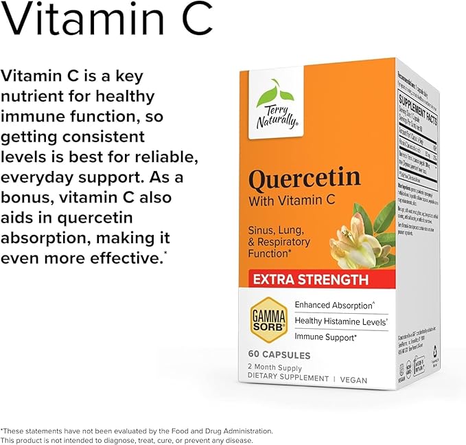 Terry Naturally Quercetin with Vitamin C Enhanced Absorption - Quercetin Supplement for Immune Support & Cellular Health - Respiratory Supplement for Sinus & Lung Health - 60 Capsules