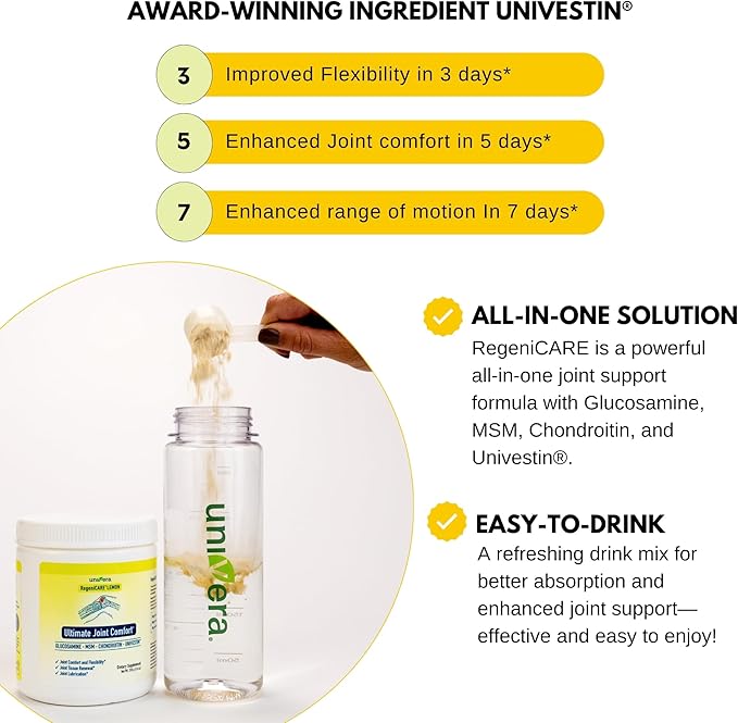 Univera RegeniCARE Gift Set with Bottle and Frother – Joint Support with Glucosamine, Univestin, MSM, Chondroitin – 30 Servings, Lemon