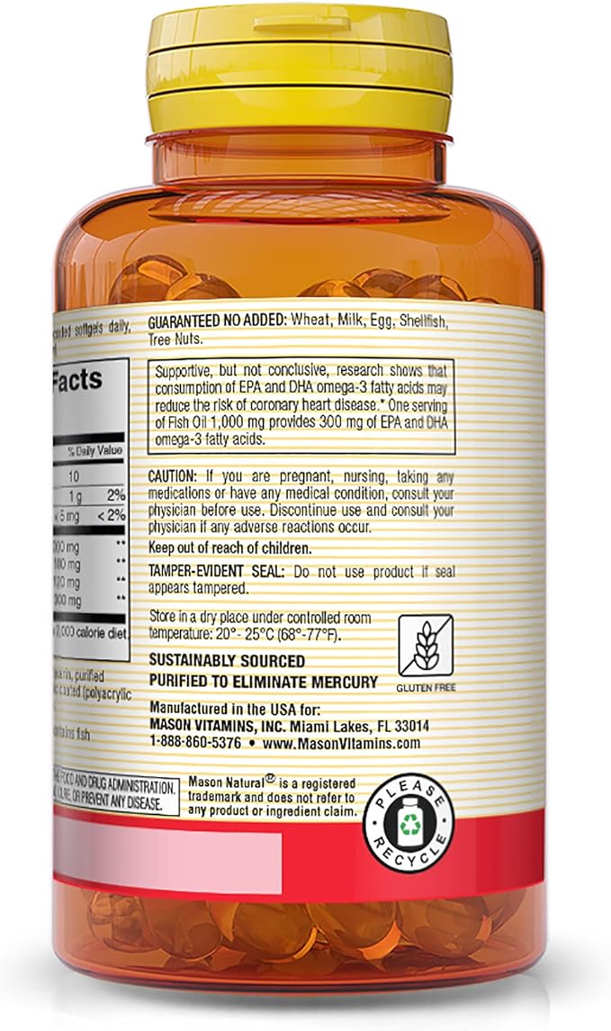 MASON NATURAL No Burp Fish Oil 1000 mg Omega-3 300 mg - Healthy Heart, Supports Circulatory Function, Improved Cardiovascular Health, 90 Softgels (Pack of 6)