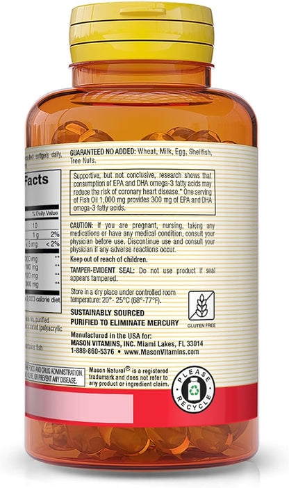 MASON NATURAL No Burp Fish Oil 1000 mg Omega-3 300 mg - Healthy Heart, Supports Circulatory Function, Improved Cardiovascular Health, 90 Softgels (Pack of 6)