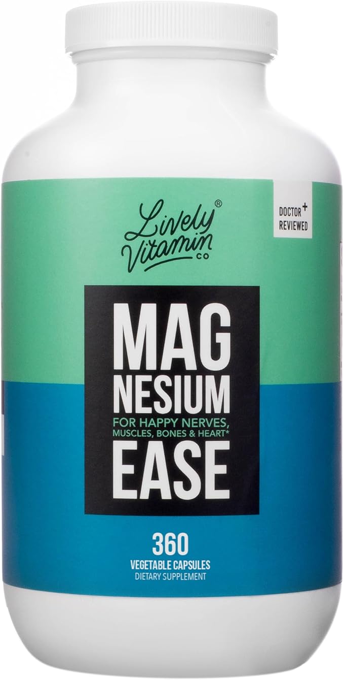 Lively Vitamin Co. Magnesium Ease - Chelated - Highly Bioavailable - Tension - Stress - Nerves - Immune Function - RLS - Gluten Dairy Soy Free - Non-GMO - 360 Vegan Capsules