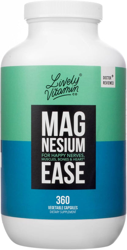 Lively Vitamin Co. Magnesium Ease - Chelated - Highly Bioavailable - Tension - Stress - Nerves - Immune Function - RLS - Gluten Dairy Soy Free - Non-GMO - 360 Vegan Capsules