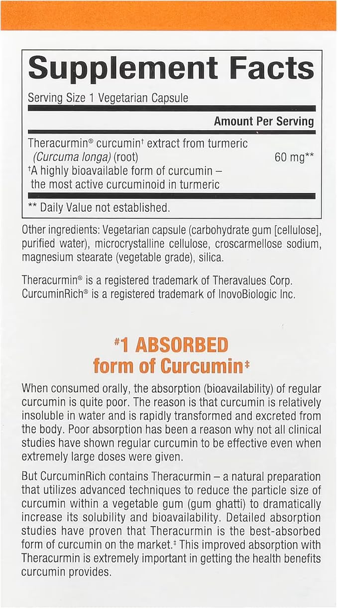 Natural Factors, CurcuminRich Double Strength Theracurmin, 60 mg, Just 1 Capsule Daily, Formulated for Superior Absorption, 60 Count (Pack of 1)