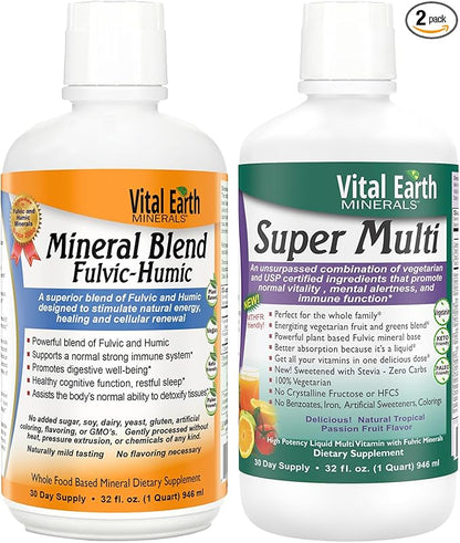 Vital Earth Minerals Detox & Wellness Support – Fulvic Humic Mineral Blend with 70+ Trace Minerals + Super Multi, Liquid Multivitamins, MTHFR Support, 32 Oz Ea