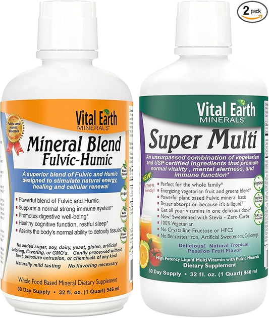 Vital Earth Minerals Detox & Wellness Support – Fulvic Humic Mineral Blend with 70+ Trace Minerals + Super Multi, Liquid Multivitamins, MTHFR Support, 32 Oz Ea