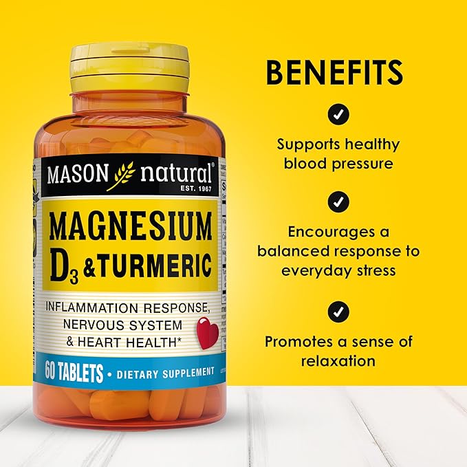 MASON NATURAL Magnesium & Vitamin D3 with Turmeric, 60 Day Supply Dietary Supplement with 500 mg Magnesium, 3000 IU Vitamin D3, and 150 mg Turmeric