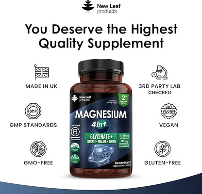 Magnesium Glycinate 4-in-1 Complex 2000mg - 449mg Elemental Magnesium High Strength Magnesium Supplements - Magnesium Bisglycinate,Citrate, Malate, Oxide - 120 Capsules - Vegan UK Made by New Leaf