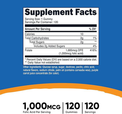 Nutricost Folic Acid (Vitamin B9) Vegetarian Gummies (120 Gummies, 1 mg Folic Acid Per Serving) - Supplement for Men & Women