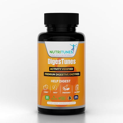 DigesTunes – Premium Digestive Enzymes to easily digest Carbs, Fats, Proteins & Lactose - Supports after-meal Bloating & Discomfort Relief – Food Grade Multi Enzyme Vegan Supplement, 60-Day Supply