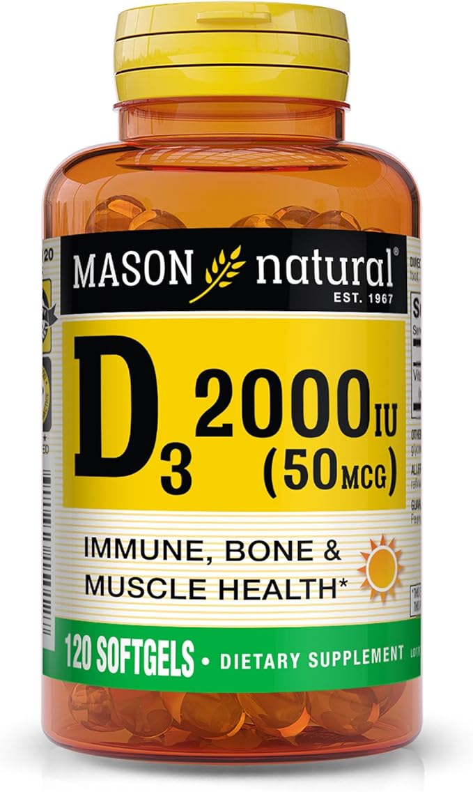 MASON NATURAL Vitamin D3 2,000 IU Ultra Strength, Supports Bone Density, Strength & Immune Health, 120 Softgels
